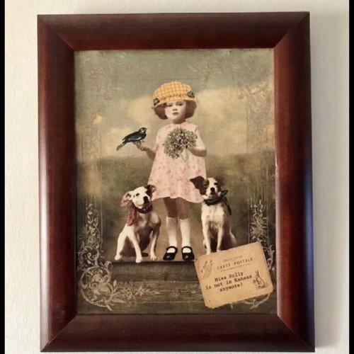 Vintage art prints used, set of 2, decoupage technique with children and dogs