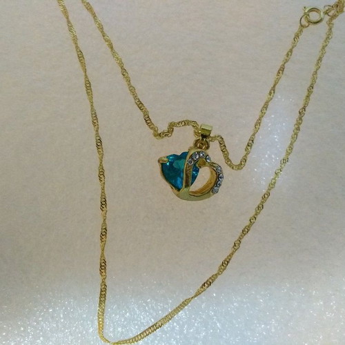 Gold-Plated Heart Pendant with Aquamarine Crystal like new