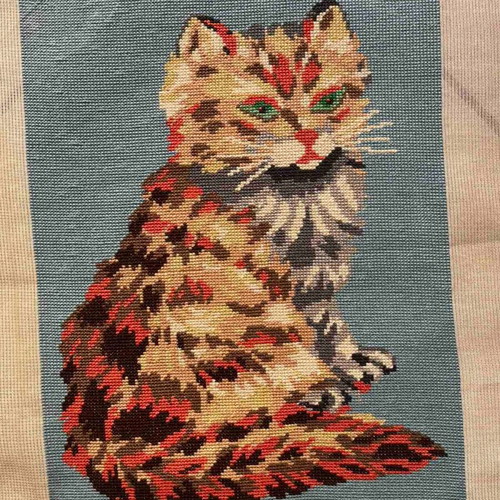 Handmade embroidered cat textile art