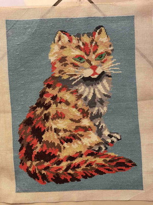 Handmade embroidered cat textile art