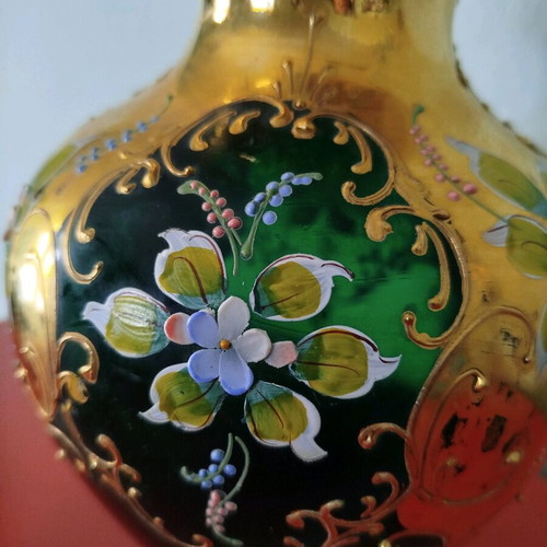 Murano vase emerald green with 24k gold leaf overlay like new