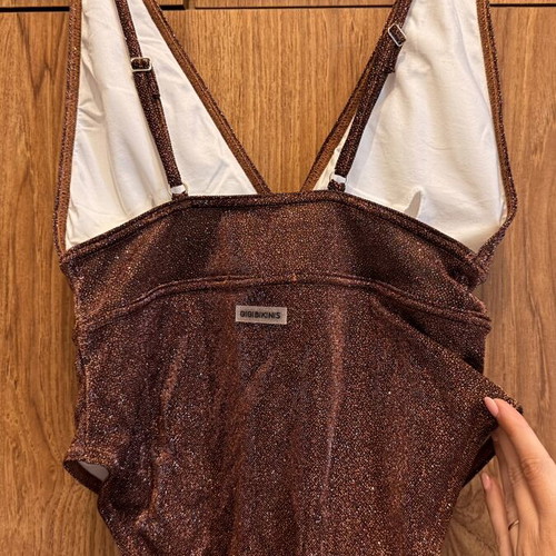 One-piece swimsuit new, shiny chocolate color, adjustable straps, size S/M