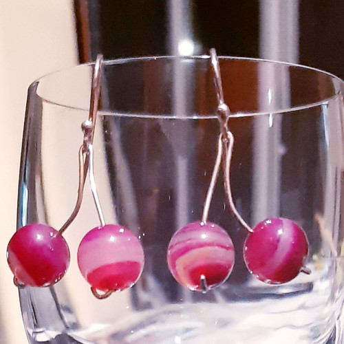 Cherries earrings silver 925 with natural pink agate, handmade