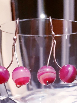 Cherries earrings silver 925 with natural pink agate, handmade
