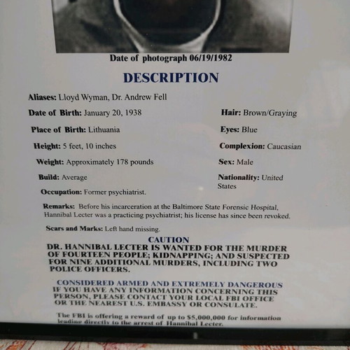Hannibal Lecter Wanted Poster like new, A4 size with black frame