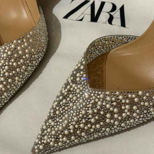 Zara pearl and rhinestone slingback pumps, size 38, nude camel