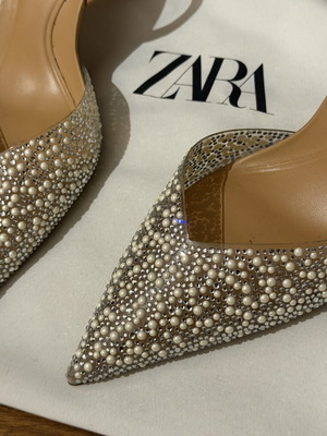 Zara pearl and rhinestone slingback pumps, size 38, nude camel