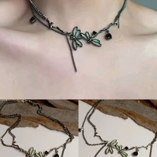 Women's necklace dragonflies gun black plated gothic new
