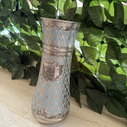 Vintage metal vase used with embossed designs 24 cm