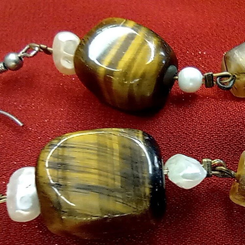 Vintage Handmade Tiger's Eye And Pearl Earrings 6 cm, like new