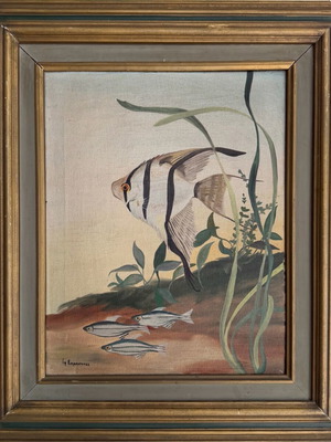 Маслена картина на Г. Саракинос употребявана, тема риба под вода