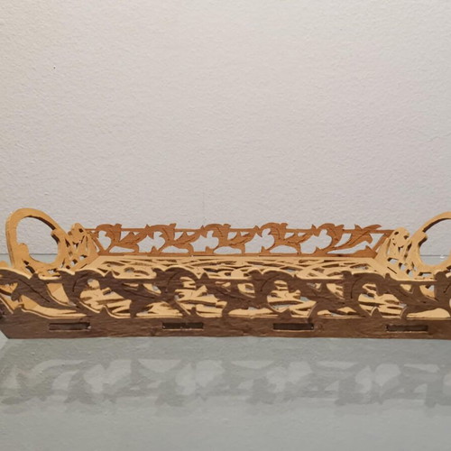 Wooden tray and basket set used, vintage with pierced decoration
