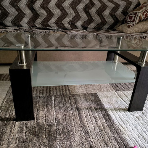 Modern coffee table used, glass and wood, 100x60x42 cm