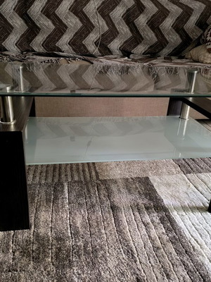 Modern coffee table used, glass and wood, 100x60x42 cm