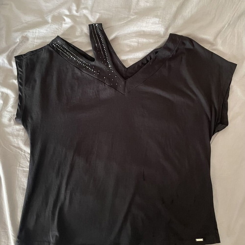 Toi&Moi evening blouse L black with rhinestones and special shoulder