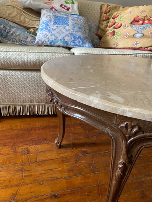 Round coffee table with solid wood and marble top like new