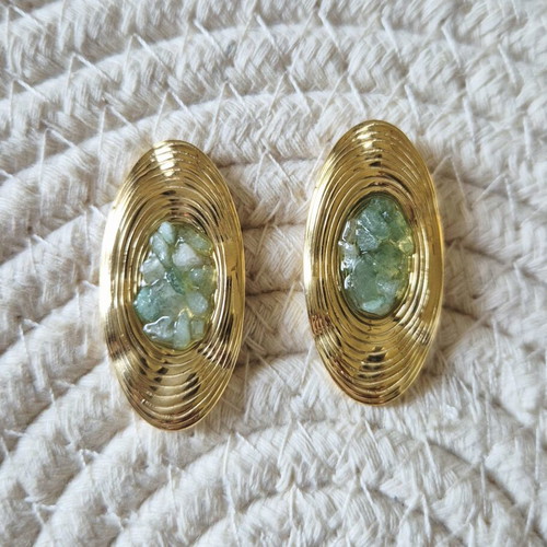 Oval Earrings with Green Stones Stainless Steel New