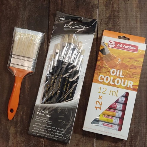 Painting set with easel, canvas, brushes, oil paints & palette new