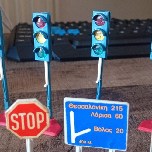 Joy Toy traffic signs and double gas pump set used