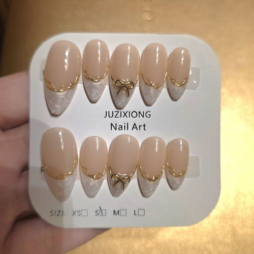 Press on nails handmade double layered acrylic with marble effect and gold trim