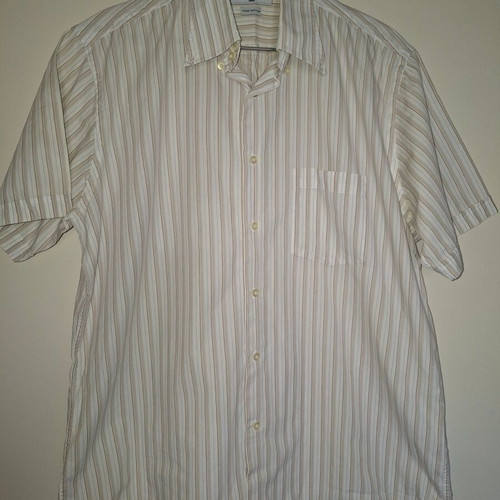 Glou men's short-sleeve shirt size L like new, white with beige, blue and brown stripes