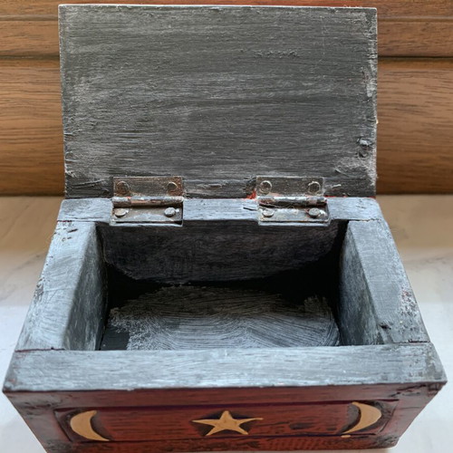 Handmade wooden jewelry box with sun and moon design, new