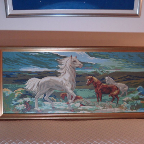 Handmade embroidered painting with wooden frame, horses theme, like new