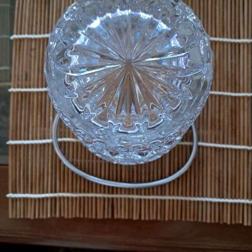 Vintage crystal ice bucket used with stainless steel rim and handle