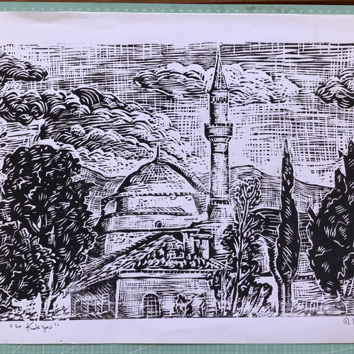 Unique woodcut 'Landscape at the Castle' Aslan Mosque new 50x35cm