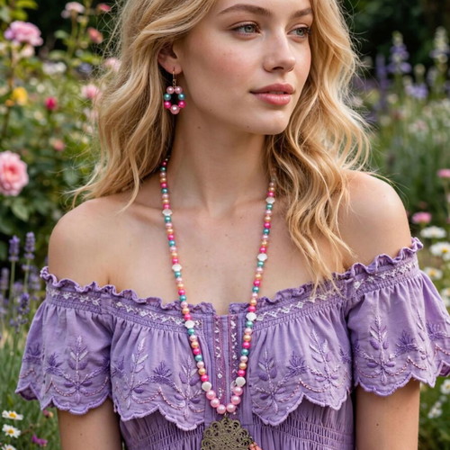 Bohemian tassel long necklace and earrings set colorful, handmade