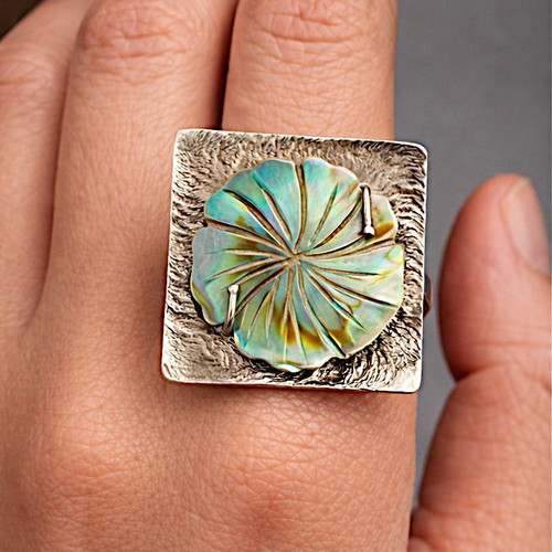 Luminous Shell Flower ring new, 925 silver with shell flower