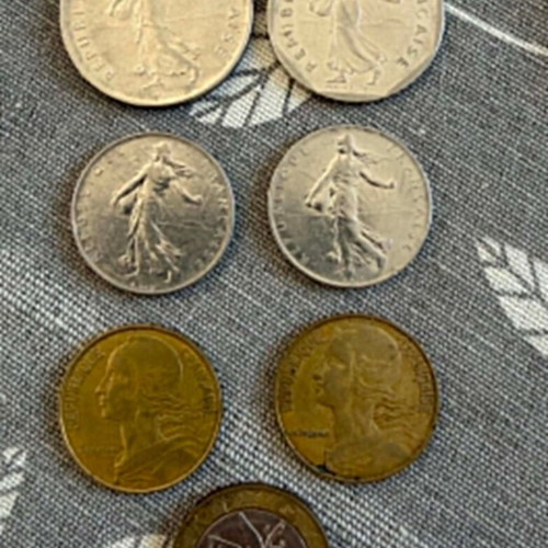 7 Vintage French Franc Coins, 1970-1989