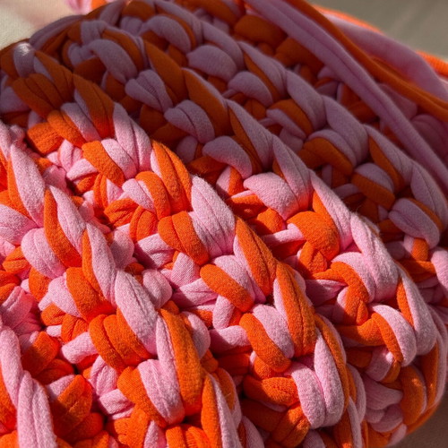 Handmade Crochet Fringe Bag new, pink and orange t-shirt yarn handbag