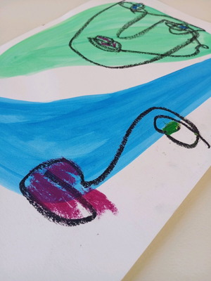 One line faces acrylic and oil pastel on A4 watercolor paper like new