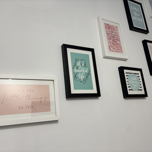 Wooden frames set of 6 like new with messages and acrylic plexiglass