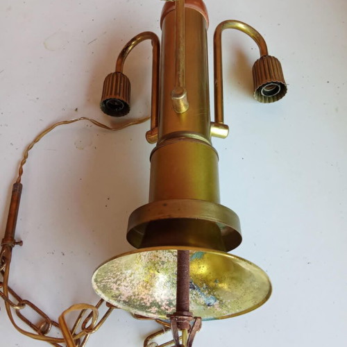 Vintage brass ceiling light with wooden details used, 1970s