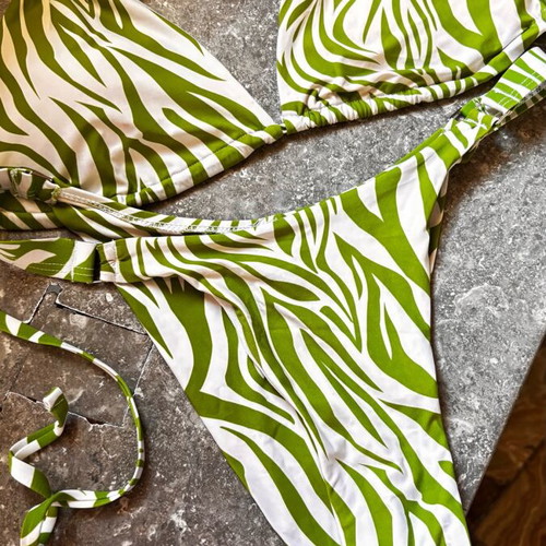 Women's bikini swimsuit used, green and white leopard print, size S/M