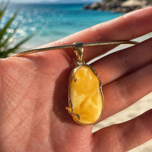 Natural white amber pendant, 24k gold plated silver 926, handmade