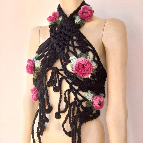 Handmade black scarf with embossed roses new