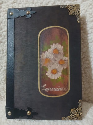 Vintage notebook handmade from wood and leather, hand-painted