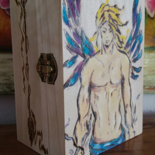 Wooden box with pyrography and painting, new