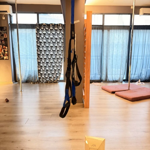 TRX strap used, blue color without ceiling hook