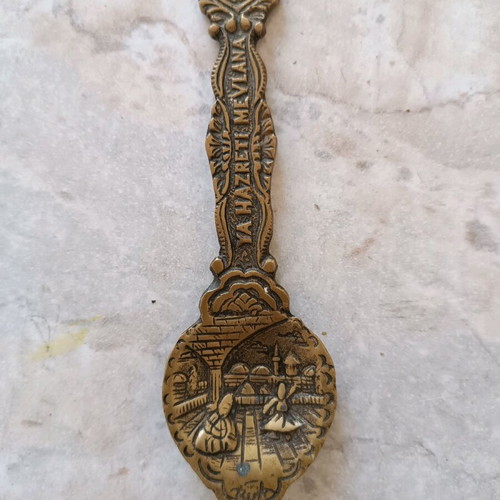 Handmade brass spoon rare from 1950 with Ya Hazreti Mevlana design like new