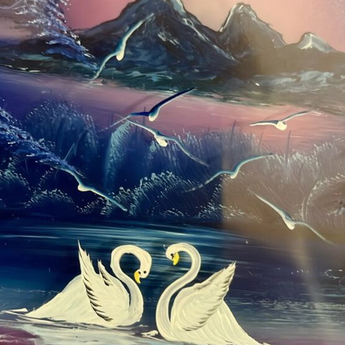 3D painting with two swans on glass like new
