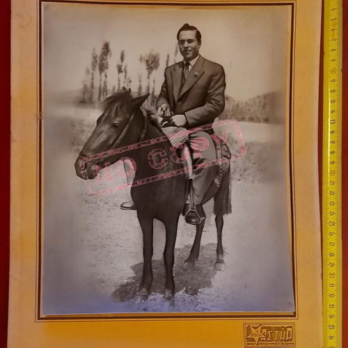 Vintage photo of man on horseback in suit, Astir studio
