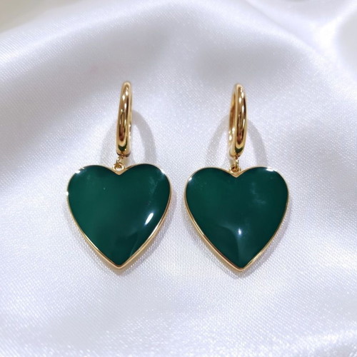 Steel earrings with green heart and luxury half hoop new