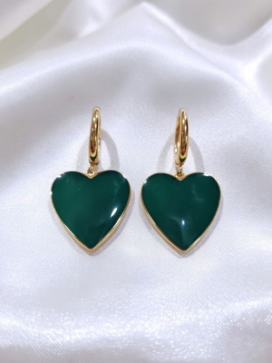 Steel earrings with green heart and luxury half hoop new