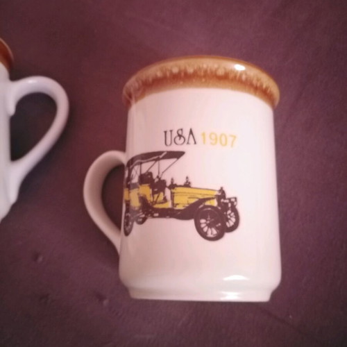 Staffordshire collectible ceramic mugs set of 2 like new with vintage car designs