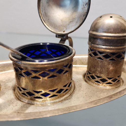 English salt and pepper set of three used, silver plated