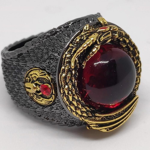 Blood Dragon's Eye Gothic men's ring, bronze with red stone and dragon relief